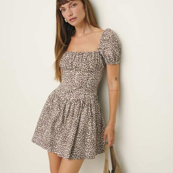 Reformation Marielle Mini Brown Dress Leopard Size 10 - Picture 6 of 10